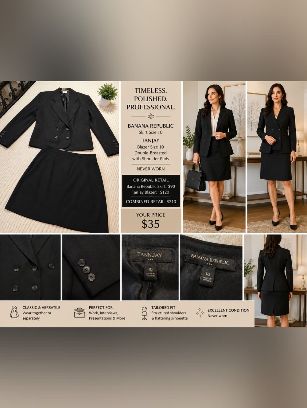 Banana Republic Black Skirt & TanJay Double-Breasted Blazer Suit Set Size 10